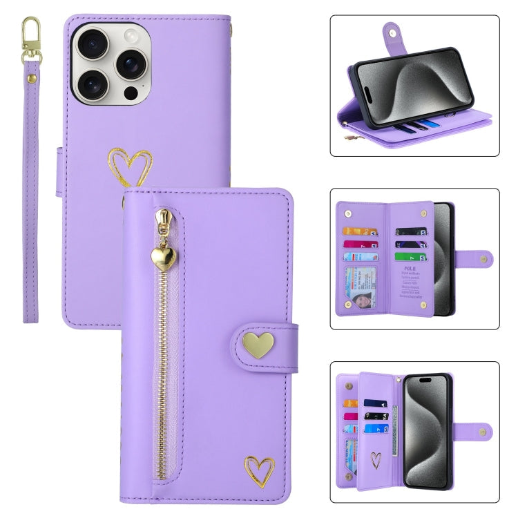 For iPhone 15 Pro Max POLA Love Multi-Card Slots Zipper Wallet Leather Phone Case(Purple)
