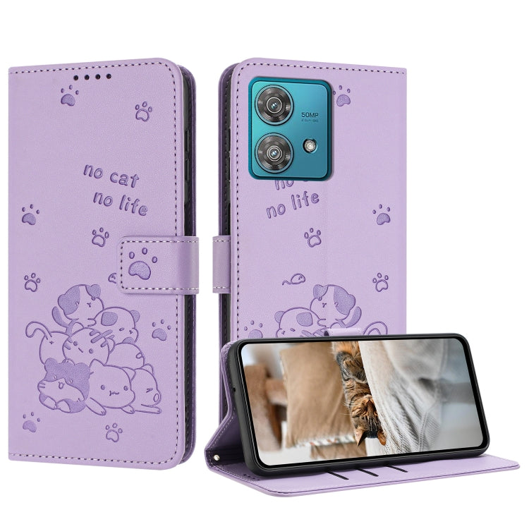 Embossed Kitten Phone Leather Case with Lanyard, For Motorola Moto G Play 4G 2024, For Motorola Moto G Power 5G 2024, For Motorola Moto G84, For Motorola Edge 40 Neo