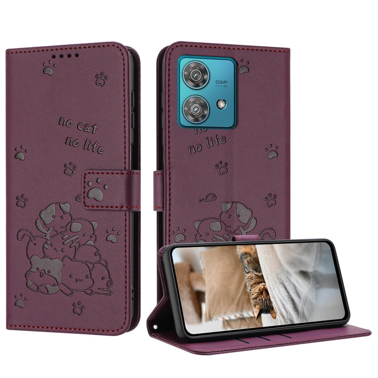 Embossed Kitten Phone Leather Case with Lanyard, For Motorola Moto G Play 4G 2024, For Motorola Moto G Power 5G 2024, For Motorola Moto G84, For Motorola Edge 40 Neo