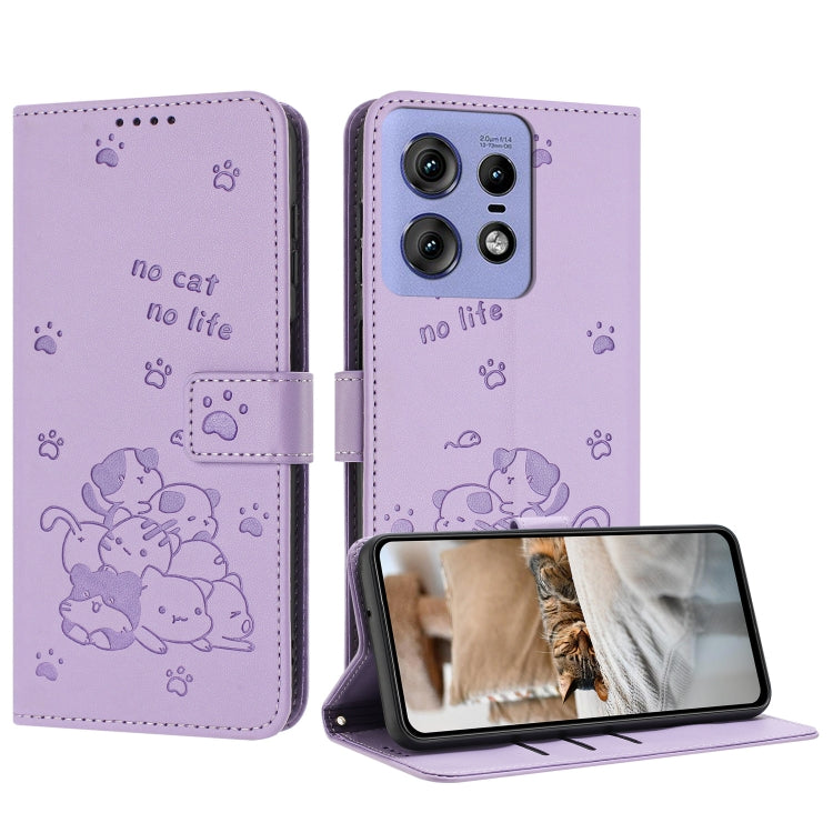 Embossed Kitten Phone Leather Case with Lanyard, For Motorola Moto G85, For Motorola Edge 2024 5G, For Motorola Edge 50 Ultra, For Motorola Edge 50 Pro