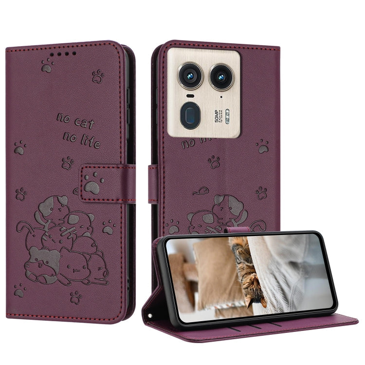 Embossed Kitten Phone Leather Case with Lanyard, For Motorola Moto G85, For Motorola Edge 2024 5G, For Motorola Edge 50 Ultra, For Motorola Edge 50 Pro