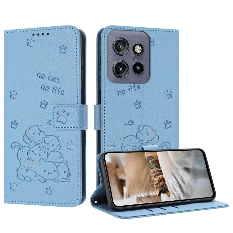 Embossed Kitten Phone Leather Case with Lanyard, For Motorola Moto S50 / Edge 50 Neo, For Motorola Moto G35, For Motorola Moto G55, For Motorola Moto G04 / G24 / G04s