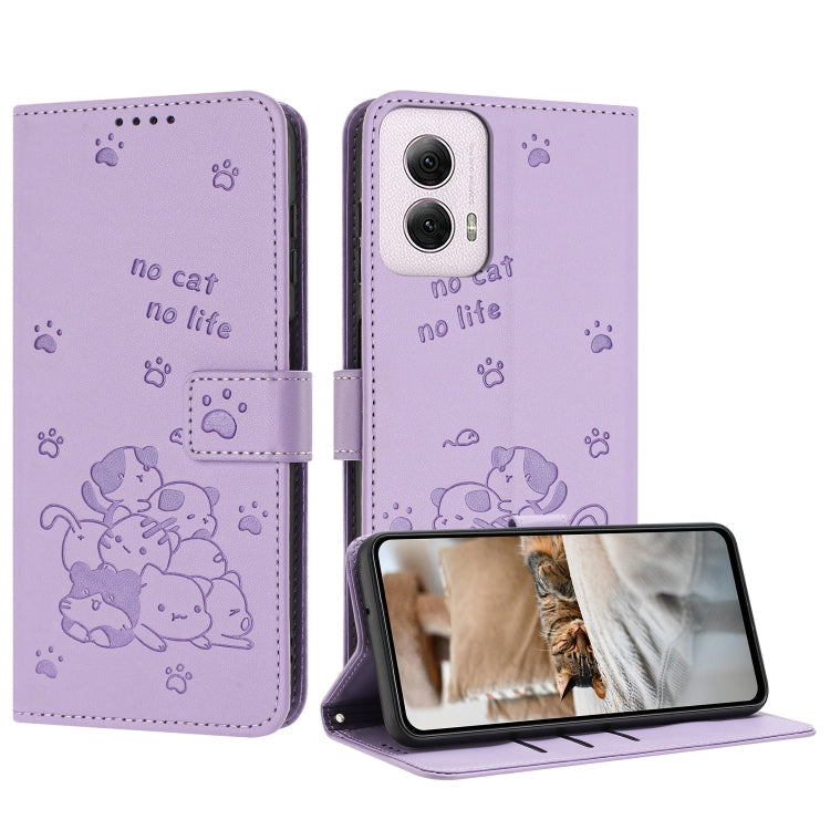 Embossed Kitten Phone Leather Case with Lanyard, For Motorola Moto G Play 4G 2024, For Motorola Moto G Power 5G 2024, For Motorola Moto G84, For Motorola Edge 40 Neo