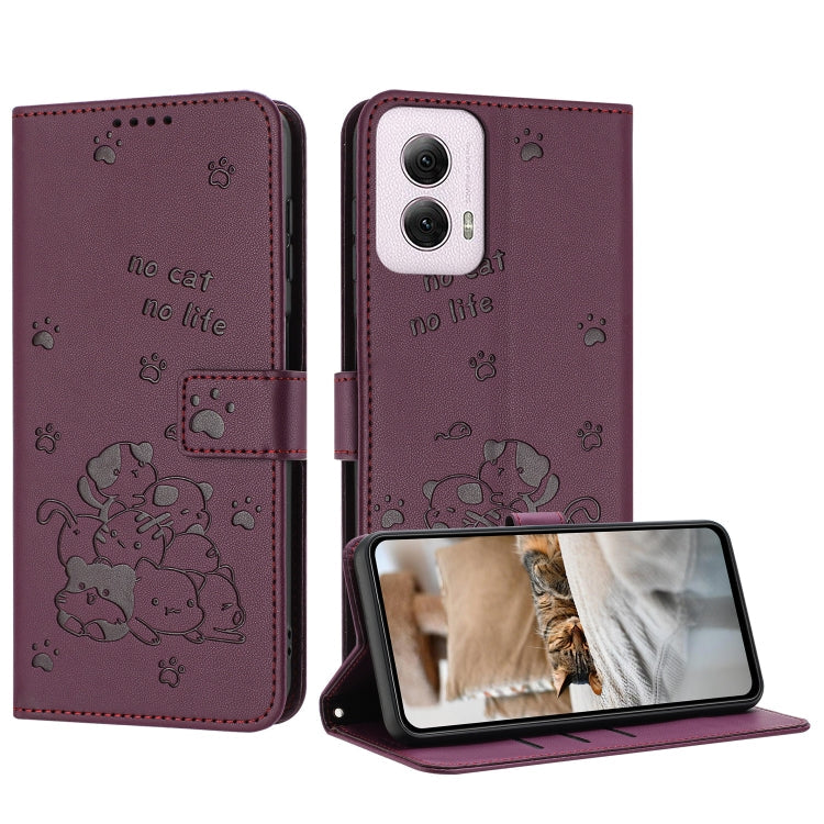 Embossed Kitten Phone Leather Case with Lanyard, For Motorola Moto G Play 4G 2024, For Motorola Moto G Power 5G 2024, For Motorola Moto G84, For Motorola Edge 40 Neo