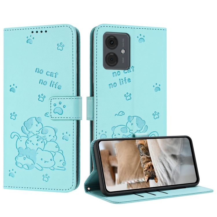 Embossed Kitten Phone Leather Case with Lanyard, For Motorola Moto S50 / Edge 50 Neo, For Motorola Moto G35, For Motorola Moto G55, For Motorola Moto G04 / G24 / G04s