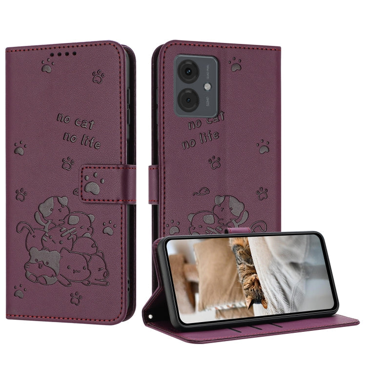Embossed Kitten Phone Leather Case with Lanyard, For Motorola Moto S50 / Edge 50 Neo, For Motorola Moto G35, For Motorola Moto G55, For Motorola Moto G04 / G24 / G04s
