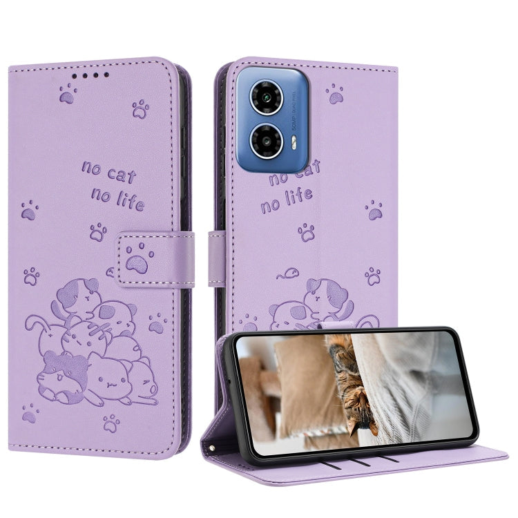 Embossed Kitten Phone Leather Case with Lanyard, For Motorola Moto S50 / Edge 50 Neo, For Motorola Moto G35, For Motorola Moto G55, For Motorola Moto G04 / G24 / G04s