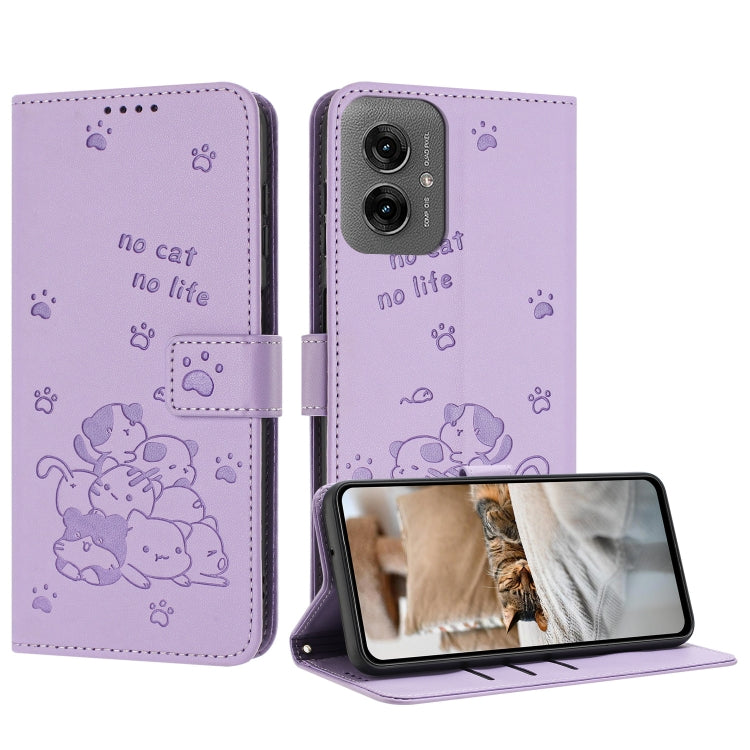Embossed Kitten Phone Leather Case with Lanyard, For Motorola Moto S50 / Edge 50 Neo, For Motorola Moto G35, For Motorola Moto G55, For Motorola Moto G04 / G24 / G04s