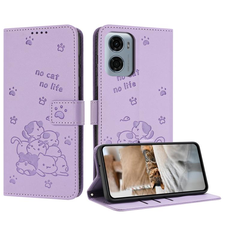 Embossed Kitten Phone Leather Case with Lanyard, For Motorola Edge 60 Pro, For Motorola Edge 60 Fusion, For Motorola Moto G Stylus 5G 2025, For Motorola Moto G05