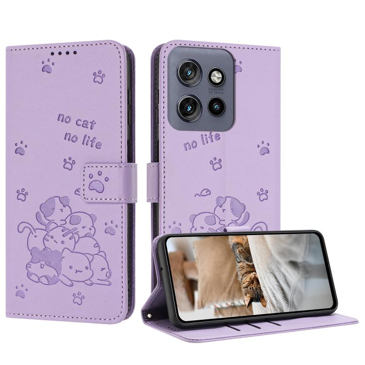 Embossed Kitten Phone Leather Case with Lanyard, For Motorola Moto G15, For Motorola Moto G 5G 2025, For Motorola Moto G Power / G Play 2025, For Motorola Moto G75