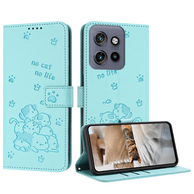 Embossed Kitten Phone Leather Case with Lanyard, For Motorola Moto G15, For Motorola Moto G 5G 2025, For Motorola Moto G Power / G Play 2025, For Motorola Moto G75