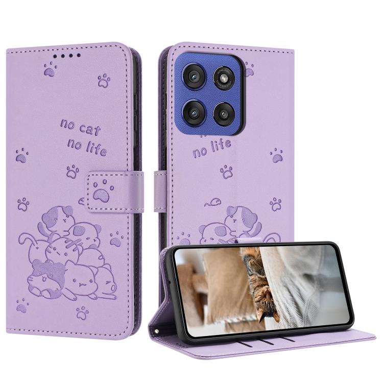 Embossed Kitten Phone Leather Case with Lanyard, For Motorola Edge 60 Pro, For Motorola Edge 60 Fusion, For Motorola Moto G Stylus 5G 2025, For Motorola Moto G05