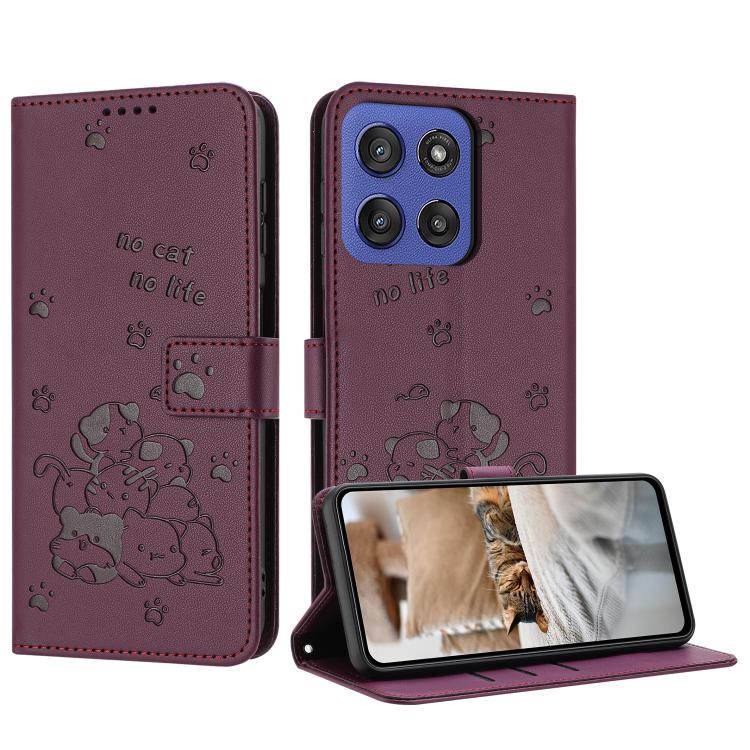 Embossed Kitten Phone Leather Case with Lanyard, For Motorola Edge 60 Pro, For Motorola Edge 60 Fusion, For Motorola Moto G Stylus 5G 2025, For Motorola Moto G05