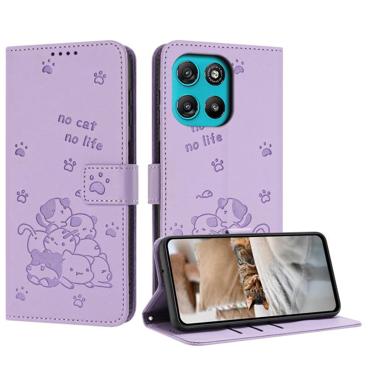 Embossed Kitten Phone Leather Case with Lanyard, For Motorola Edge 70 Pro 5G, For Motorola Moto G17 / G17 Power 4G, For Motorola Edge 70 Fusion 5G, For Motorola Moto G67 Power / G57 Power
