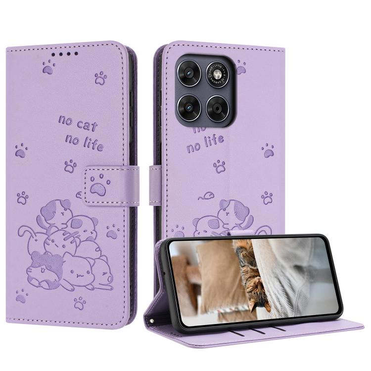 Embossed Kitten Phone Leather Case with Lanyard, For Motorola Edge 70 Max 5G, For Motorola Moto G Max / G87 / G77 5G, For Motorola Edge 5G 2026, For Motorola Moto G37 / G37 Power / G47