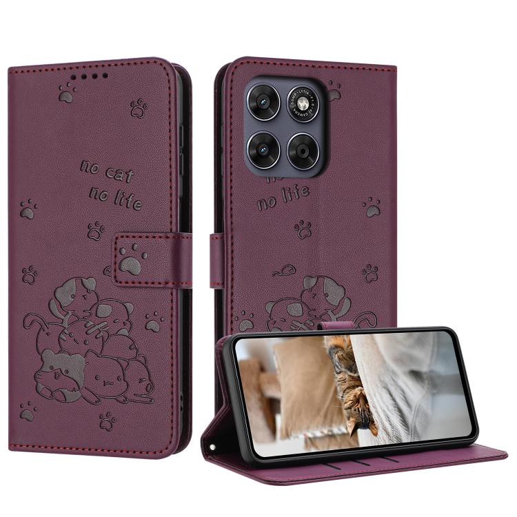 Embossed Kitten Phone Leather Case with Lanyard, For Motorola Edge 70 Max 5G, For Motorola Moto G Max / G87 / G77 5G, For Motorola Edge 5G 2026, For Motorola Moto G37 / G37 Power / G47