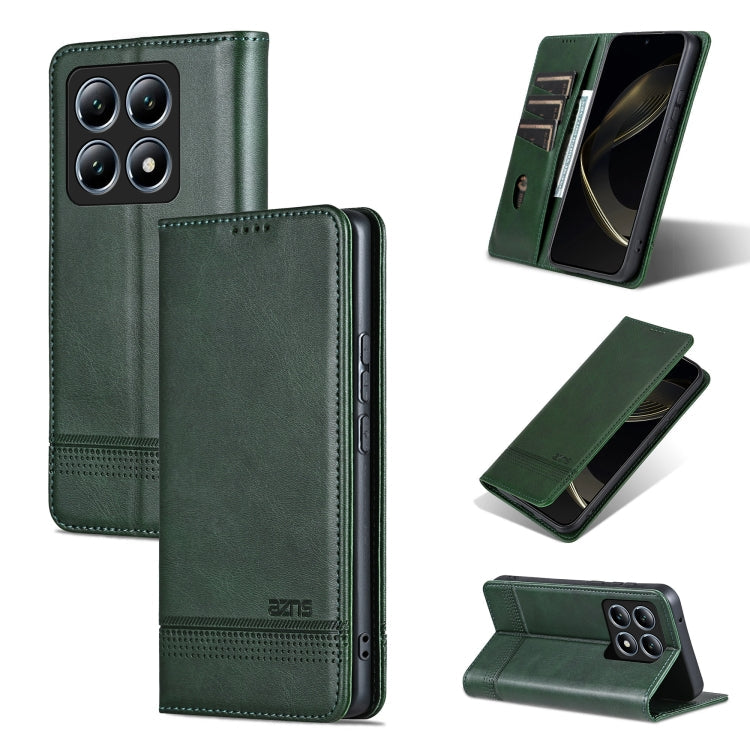 For Xiaomi 14T Pro AZNS Magnetic Calf Texture Flip Leather Phone Case(Dark Green)