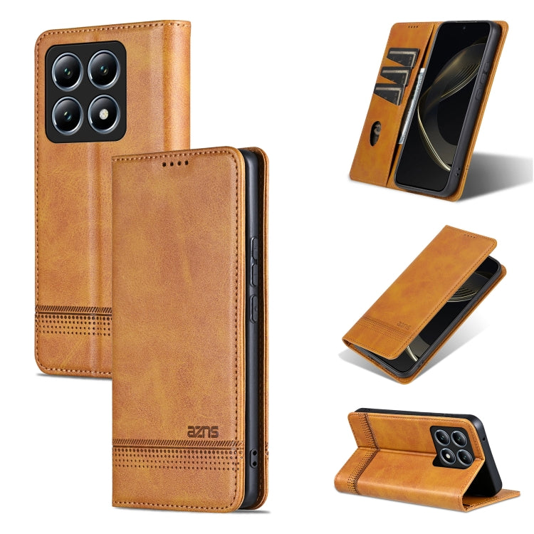 For Xiaomi 14T Pro AZNS Magnetic Calf Texture Flip Leather Phone Case(Light Brown)