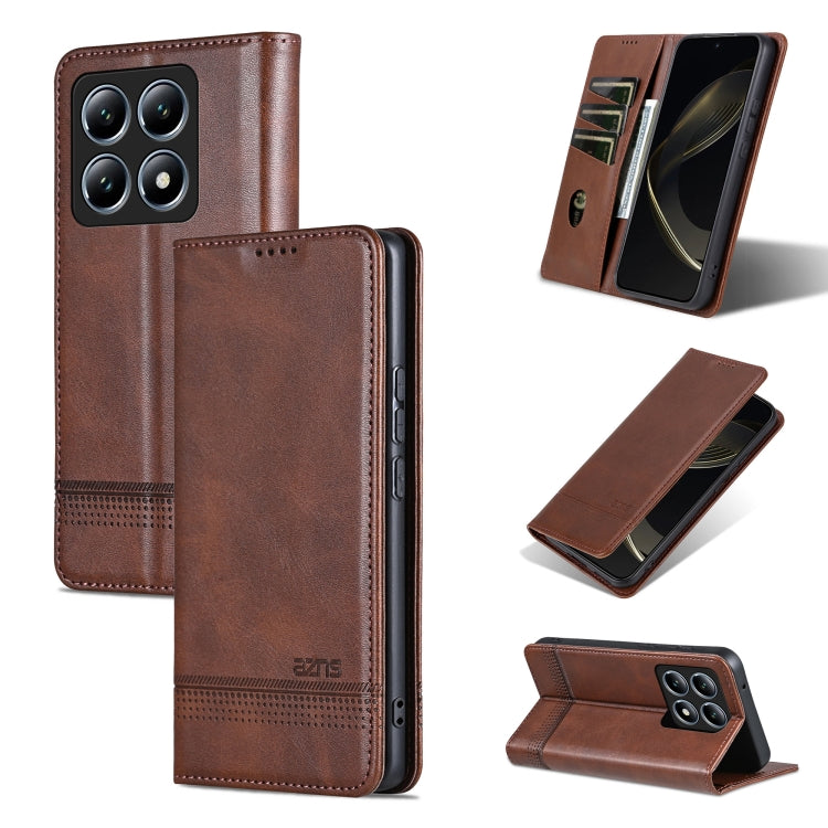 For Xiaomi 14T Pro AZNS Magnetic Calf Texture Flip Leather Phone Case(Dark Brown)