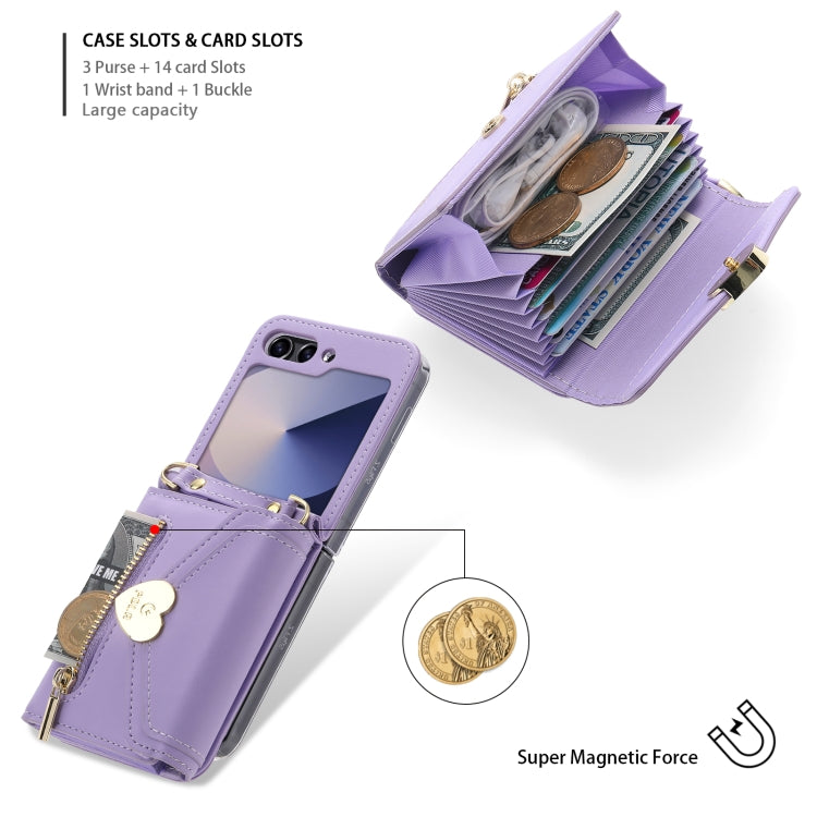 For Samsung Galaxy Z Flip6 POLA Love Buckle Multi-Card Slots Zipper Wallet Phone Case(Purple)