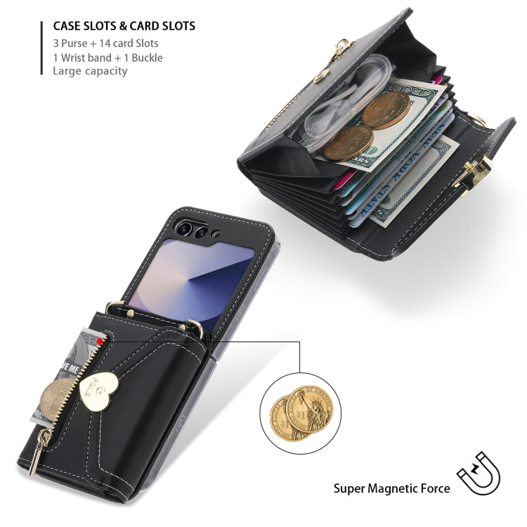 For Samsung Galaxy Z Flip6 POLA Love Buckle Multi-Card Slots Zipper Wallet Phone Case(Black)