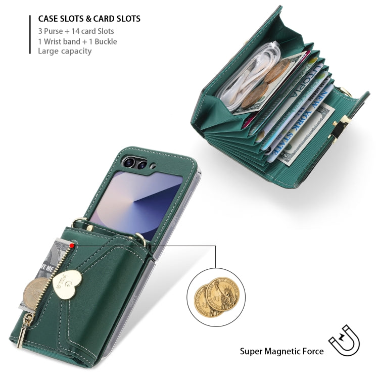 For Samsung Galaxy Z Flip6 POLA Love Buckle Multi-Card Slots Zipper Wallet Phone Case(Green)
