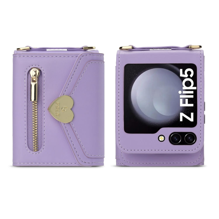 For Samsung Galaxy Z Flip5 POLA Love Buckle Multi-Card Slots Zipper Wallet Phone Case(Purple)