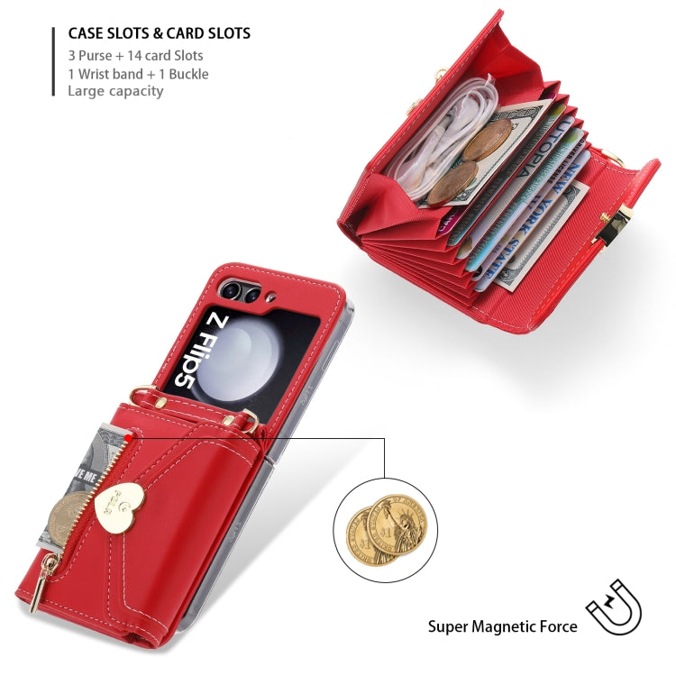 For Samsung Galaxy Z Flip5 POLA Love Buckle Multi-Card Slots Zipper Wallet Phone Case(Red)
