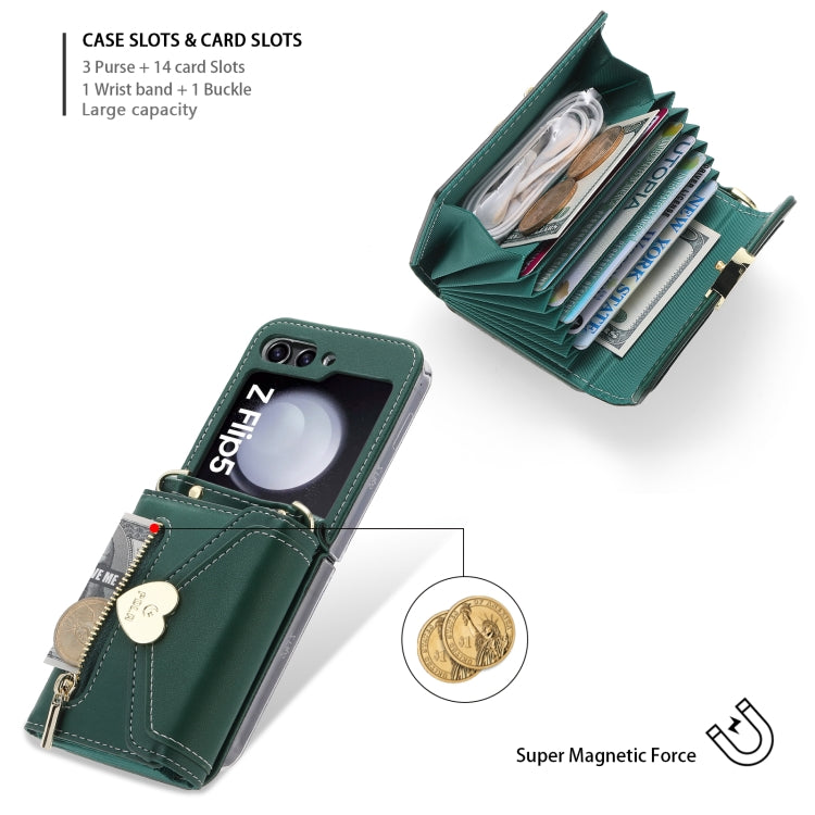For Samsung Galaxy Z Flip5 POLA Love Buckle Multi-Card Slots Zipper Wallet Phone Case(Green)