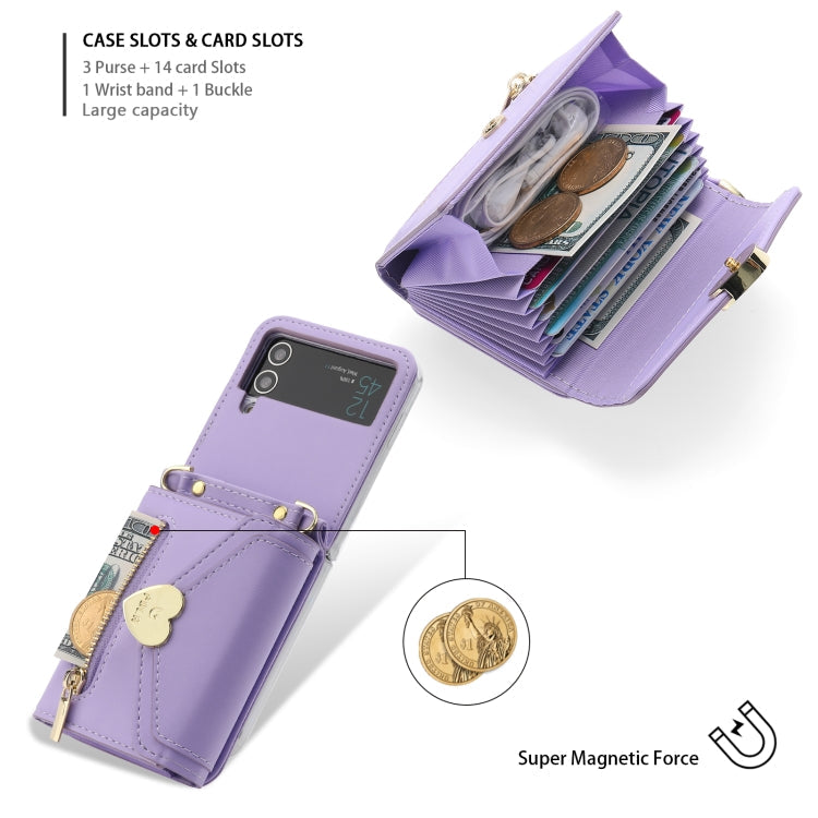For Samsung Galaxy Z Flip3 5G POLA Love Buckle Multi-Card Slots Zipper Wallet Phone Case(Purple)