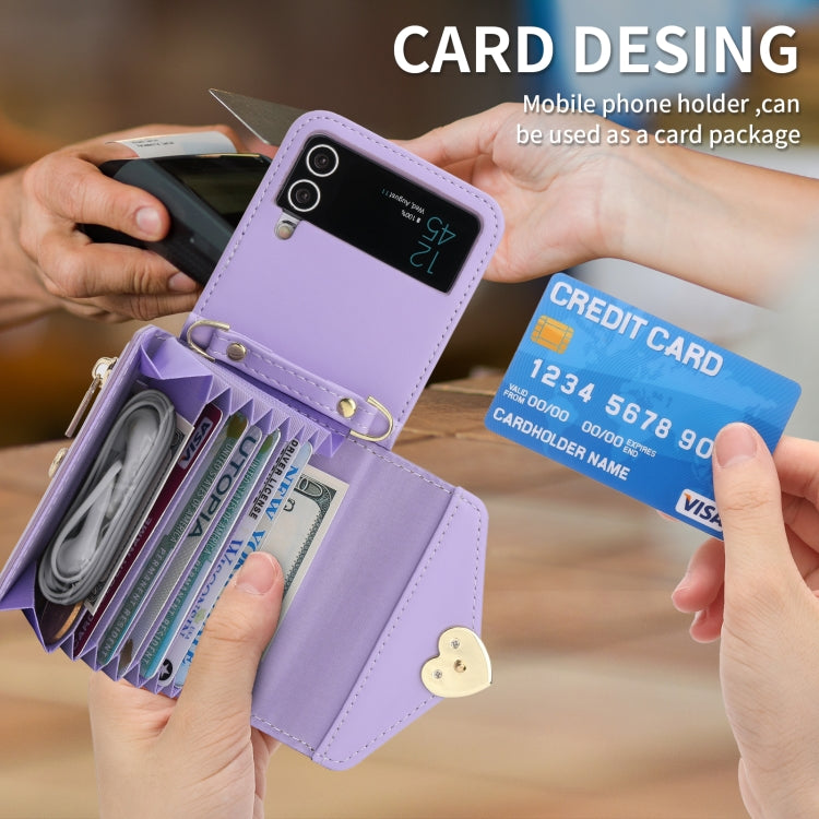 For Samsung Galaxy Z Flip3 5G POLA Love Buckle Multi-Card Slots Zipper Wallet Phone Case(Purple)