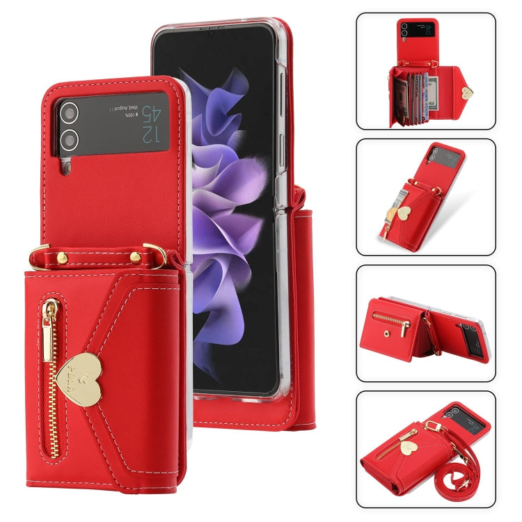 For Samsung Galaxy Z Flip3 5G POLA Love Buckle Multi-Card Slots Zipper Wallet Phone Case(Red)