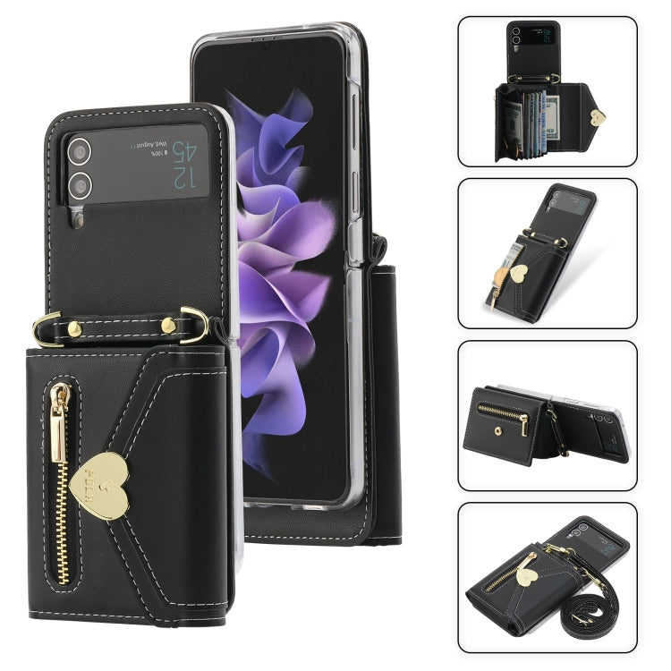 For Samsung Galaxy Z Flip3 5G POLA Love Buckle Multi-Card Slots Zipper Wallet Phone Case(Black)