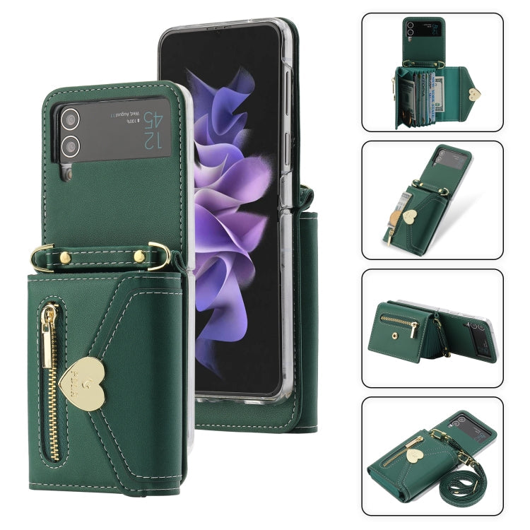 For Samsung Galaxy Z Flip3 5G POLA Love Buckle Multi-Card Slots Zipper Wallet Phone Case(Green)
