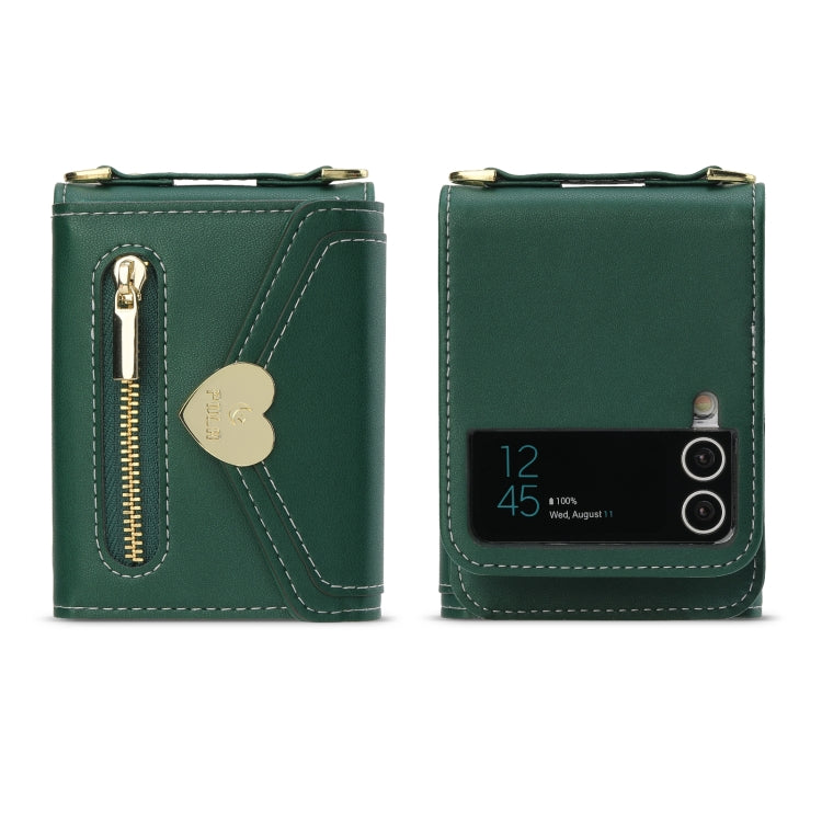 For Samsung Galaxy Z Flip3 5G POLA Love Buckle Multi-Card Slots Zipper Wallet Phone Case(Green)