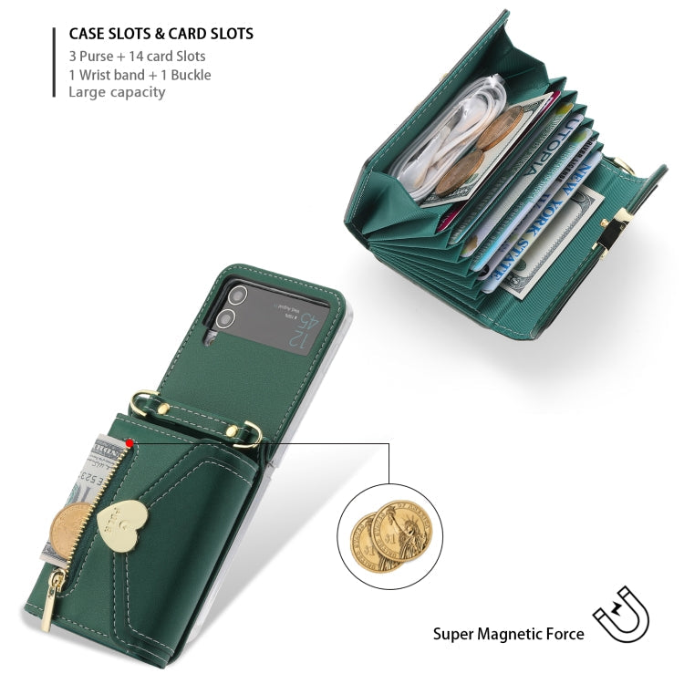 For Samsung Galaxy Z Flip3 5G POLA Love Buckle Multi-Card Slots Zipper Wallet Phone Case(Green)