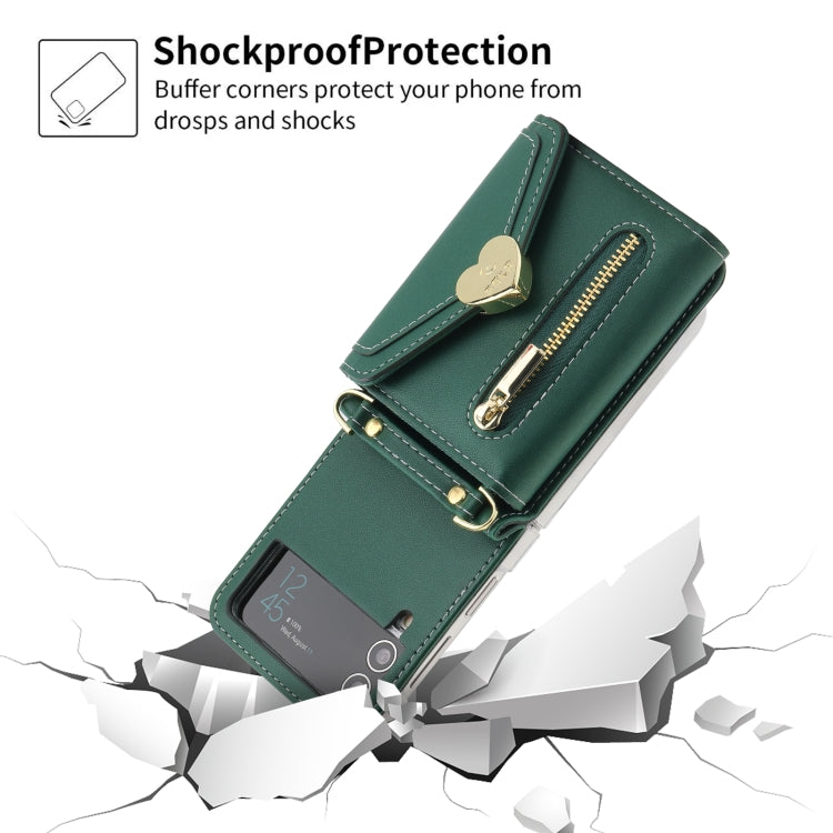For Samsung Galaxy Z Flip3 5G POLA Love Buckle Multi-Card Slots Zipper Wallet Phone Case(Green)