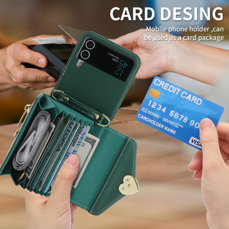 For Samsung Galaxy Z Flip3 5G POLA Love Buckle Multi-Card Slots Zipper Wallet Phone Case(Green)
