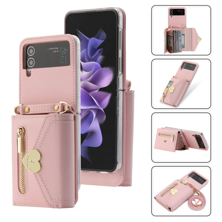 For Samsung Galaxy Z Flip3 5G POLA Love Buckle Multi-Card Slots Zipper Wallet Phone Case(Pink)