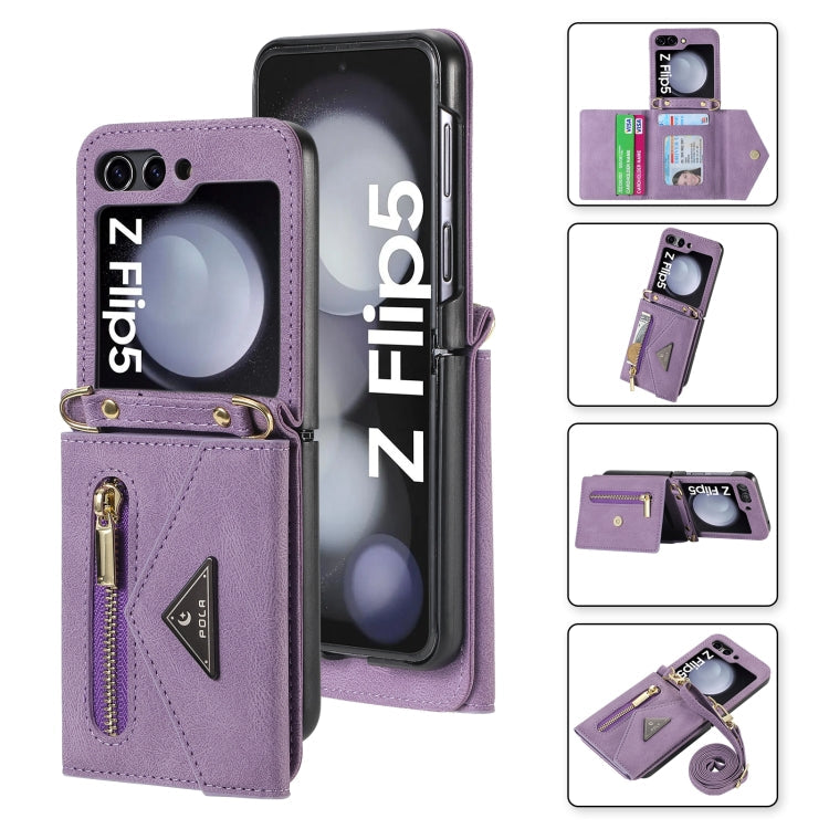 For Samsung Galaxy Z Flip5 POLA Skin Feel Multi-Card Slots Zipper Wallet Phone Case(Purple)