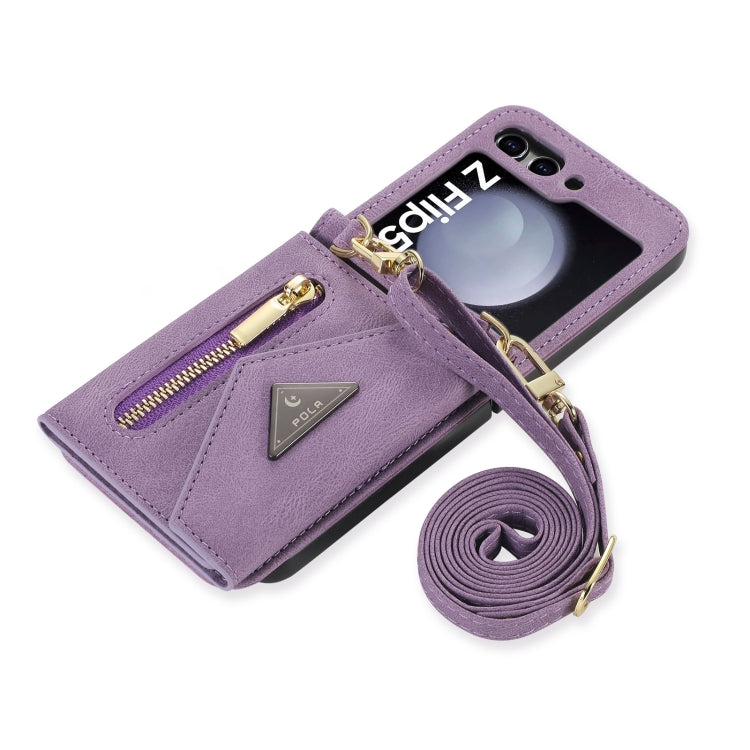For Samsung Galaxy Z Flip5 POLA Skin Feel Multi-Card Slots Zipper Wallet Phone Case(Purple)