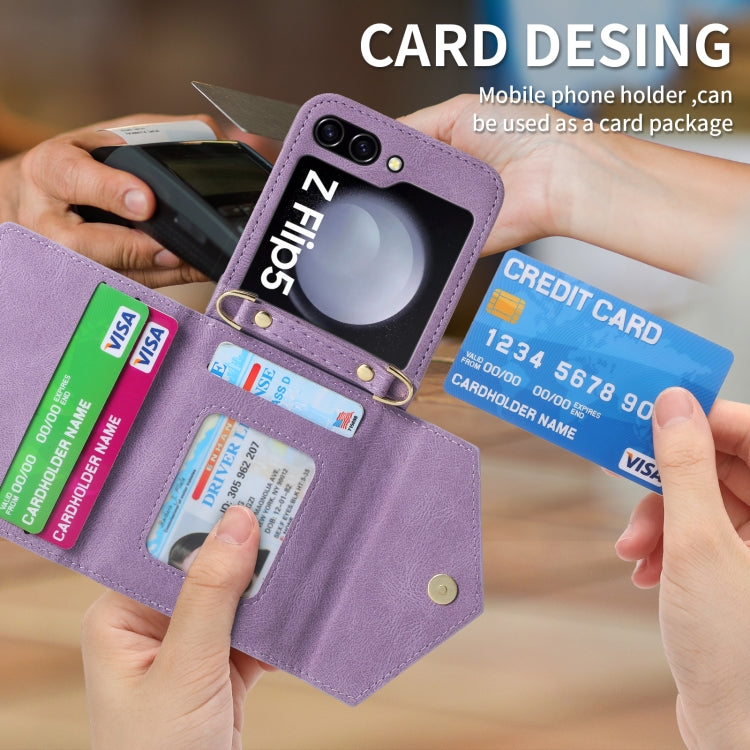 For Samsung Galaxy Z Flip5 POLA Skin Feel Multi-Card Slots Zipper Wallet Phone Case(Purple)