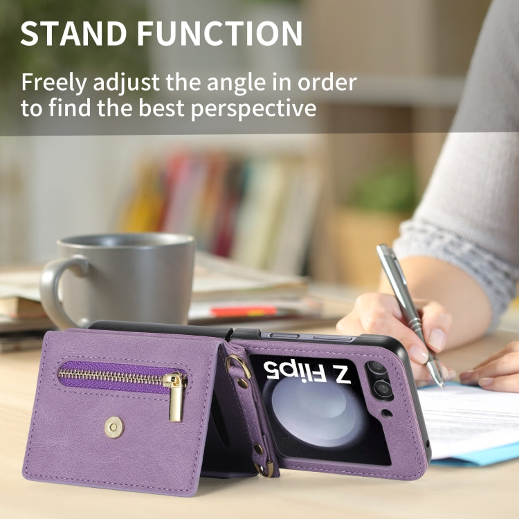 For Samsung Galaxy Z Flip5 POLA Skin Feel Multi-Card Slots Zipper Wallet Phone Case(Purple)