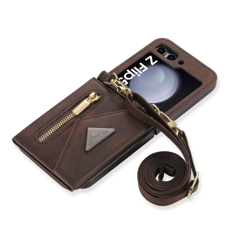 For Samsung Galaxy Z Flip5 POLA Skin Feel Multi-Card Slots Zipper Wallet Phone Case(Brown)