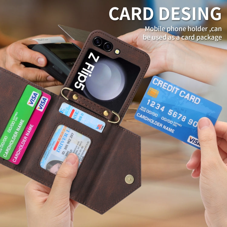 For Samsung Galaxy Z Flip5 POLA Skin Feel Multi-Card Slots Zipper Wallet Phone Case(Brown)