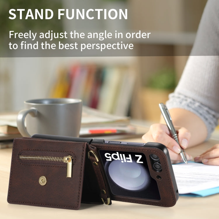 For Samsung Galaxy Z Flip5 POLA Skin Feel Multi-Card Slots Zipper Wallet Phone Case(Brown)