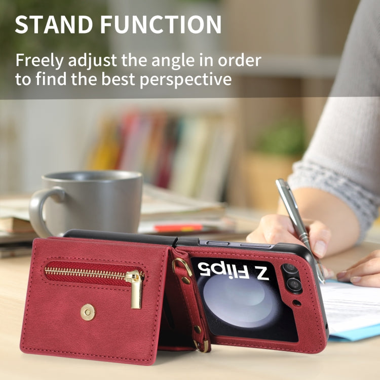 For Samsung Galaxy Z Flip5 POLA Skin Feel Multi-Card Slots Zipper Wallet Phone Case(Red)