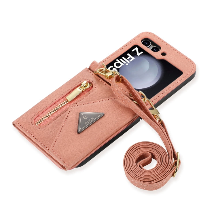 For Samsung Galaxy Z Flip5 POLA Skin Feel Multi-Card Slots Zipper Wallet Phone Case(Rose Gold)