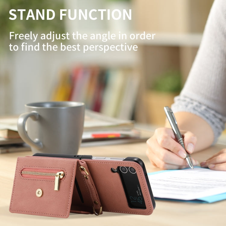 For Samsung Galaxy Z Flip4 POLA Skin Feel Multi-Card Slots Zipper Wallet Phone Case(Rose Gold)