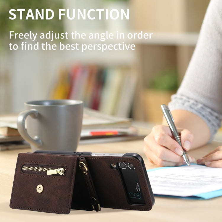 For Samsung Galaxy Z Flip3 POLA Skin Feel Multi-Card Slots Zipper Wallet Phone Case(Brown)